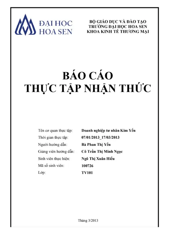 Báo cáo thực tập nhận thức Doanh nghiệp tư nhân Kim Yến