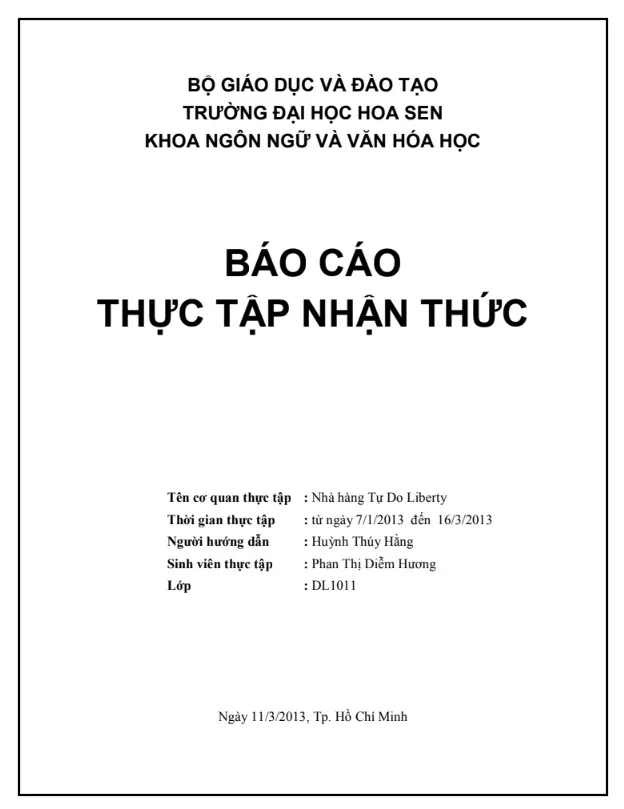 Báo cáo thực tập nhận thức Nhà hàng Tự Do Liberty