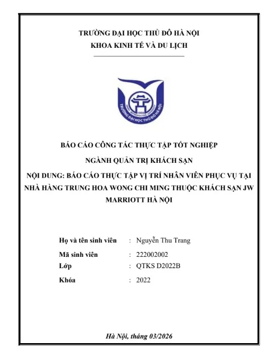 Báo cáo thực tập vị trí nhân viên phục vụ tại nhà hàng Trung Hoa Wong Chi Ming - JW Marriott Hà Nội