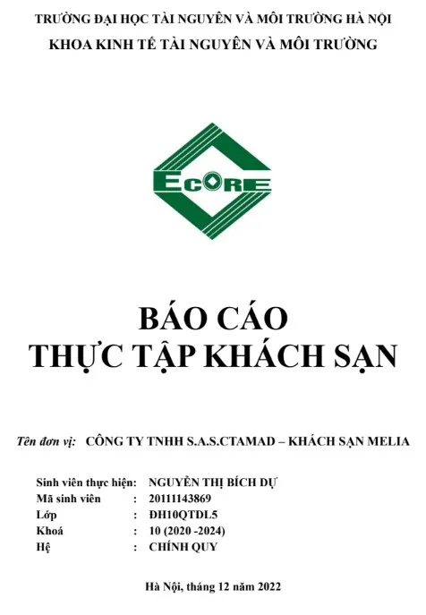 Mẫu báo cáo thực tập khách sạn Melia về kỹ năng tác nghiệp thực tế